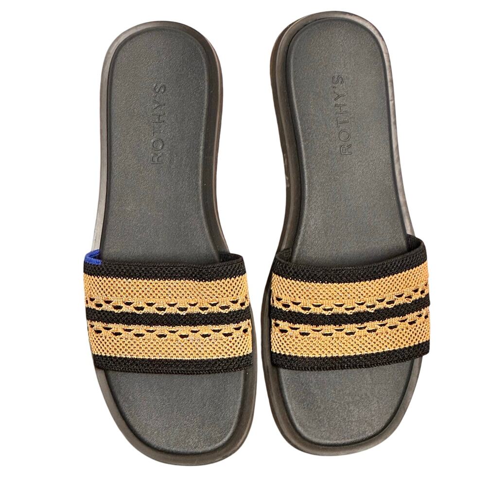 Rothy's The Slide Sandal Gilded Crochet Black and Tan Sz 8